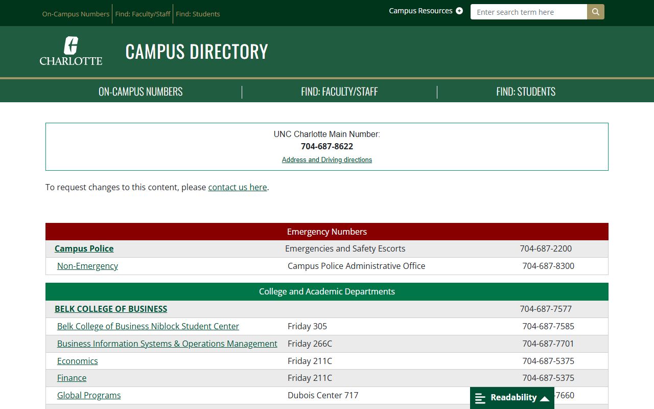 Mecklenburg County phone directory UNC Charlotte campus directory